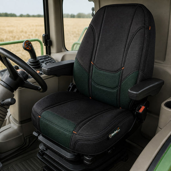 Bear Armor seat cover concept on a representative ag turf seat, installed in cab (AI-generated depiction)