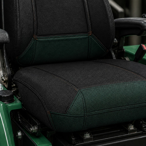 Bear Armor seat cover concept on a representative ag turf seat, construction detail (AI-generated depiction)