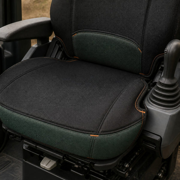 Bear Armor seat cover concept on a representative excavator seat, construction detail (AI-generated depiction)