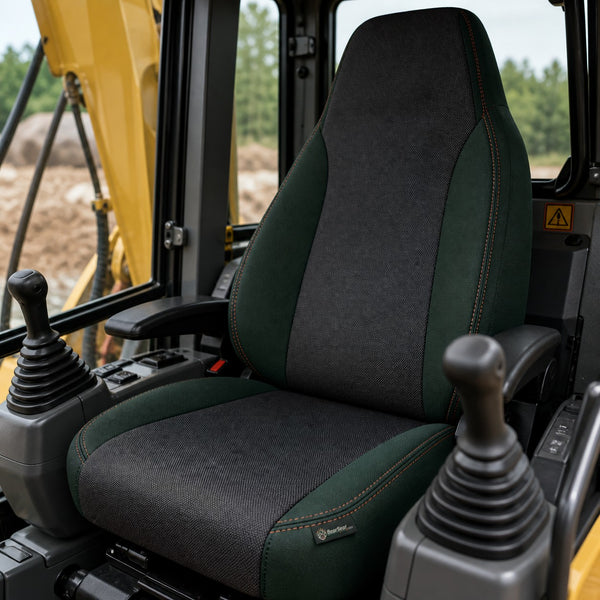 Bear Shield seat cover concept on a representative excavator seat, installed in cab (AI-generated depiction)