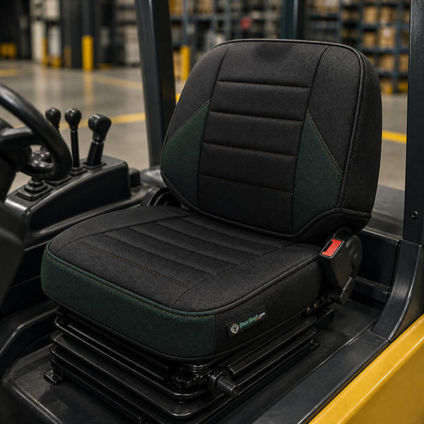 Bear Armor seat cover concept on a representative forklift seat, installed in cab (AI-generated depiction)