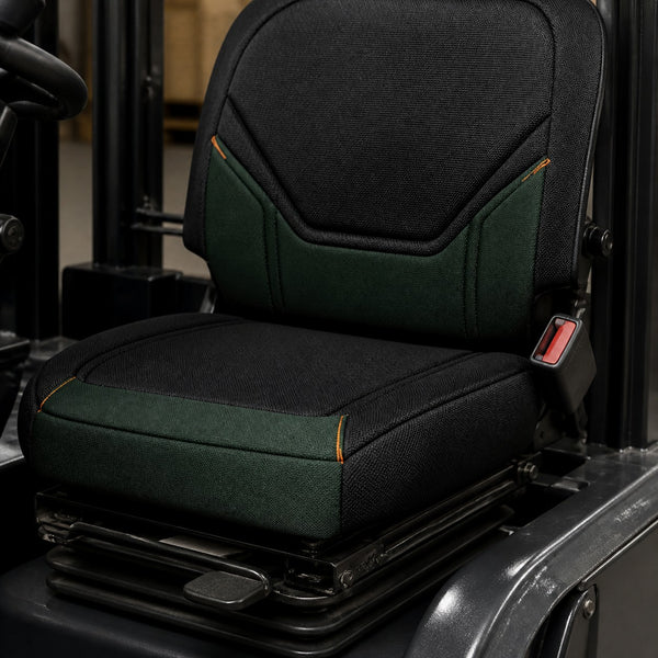 Bear Armor seat cover concept on a representative forklift seat, construction detail (AI-generated depiction)