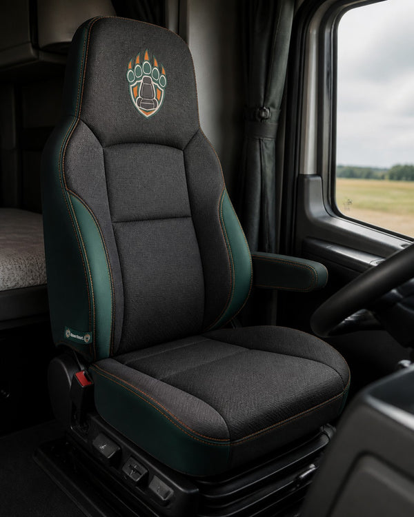 Bear Shield seat cover concept on a representative semi seat, installed in cab (AI-generated depiction)