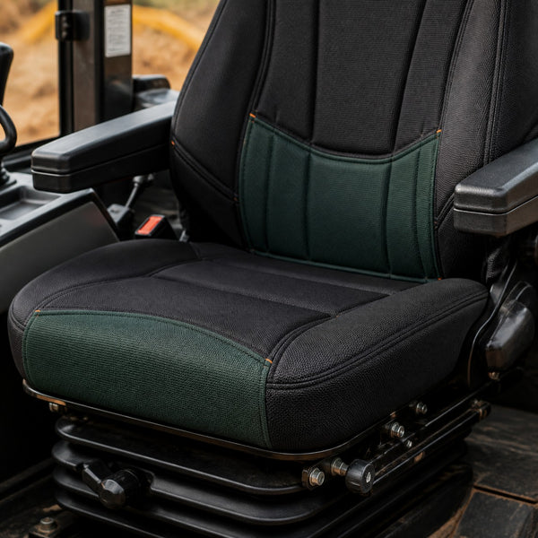 Bear Armor seat cover concept on a representative tractor seat, construction detail (AI-generated depiction)