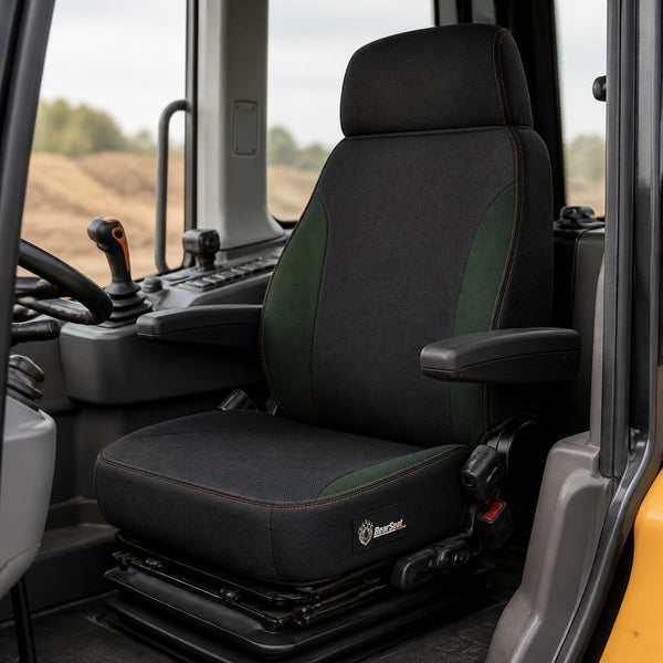 Bear Shield seat cover concept on a representative tractor seat, installed in cab (AI-generated depiction)