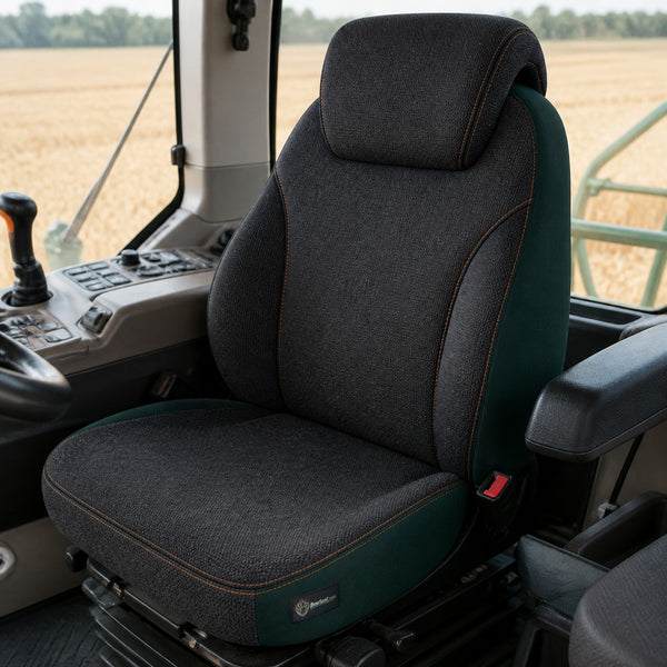 Bear Shield seat cover concept on a representative ag turf seat, installed in cab (AI-generated depiction)