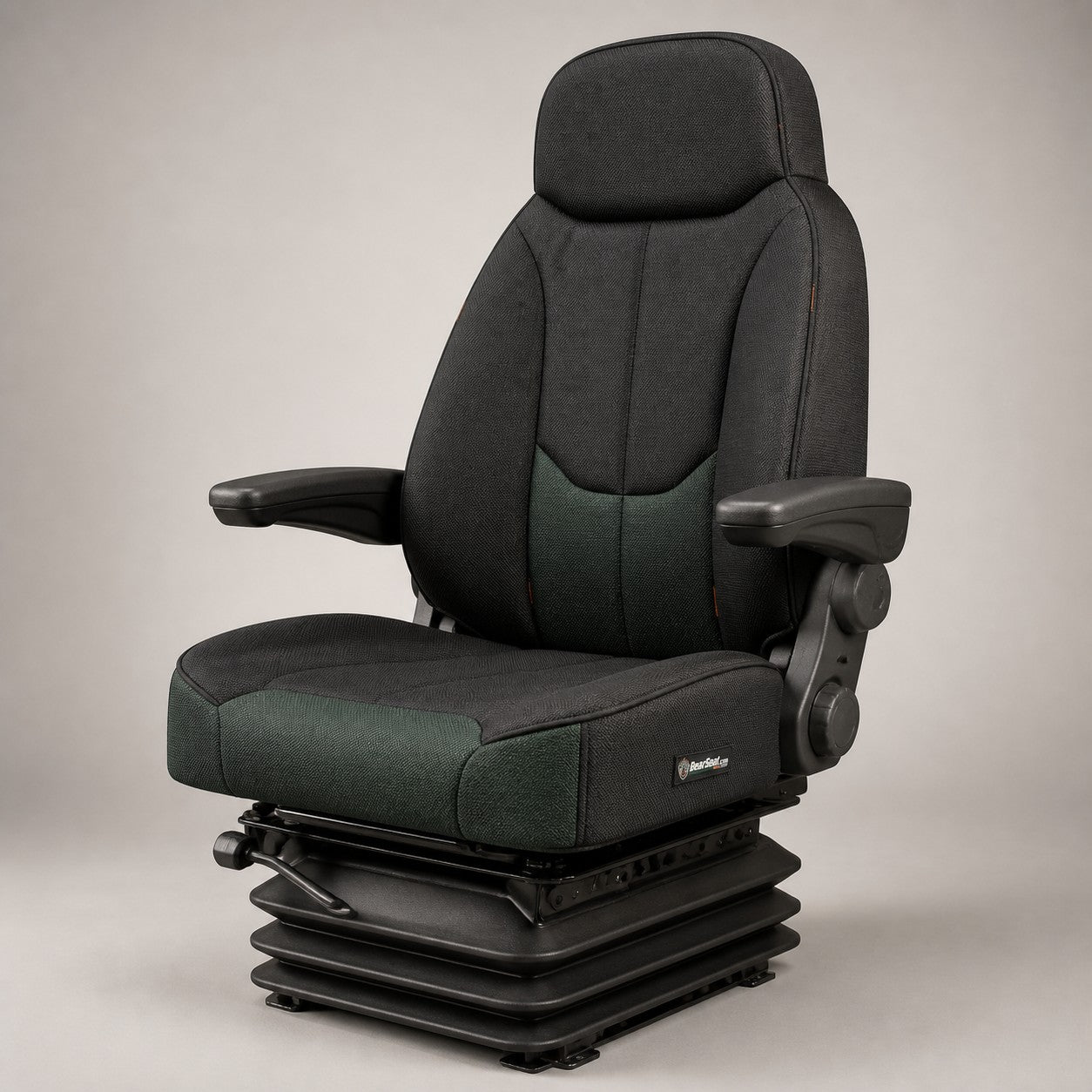 Bear Armor seat cover concept on a representative backhoe seat, studio view (AI-generated depiction)
