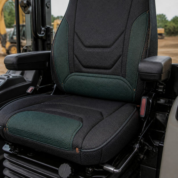 Bear Armor seat cover concept on a representative backhoe seat, construction detail (AI-generated depiction)