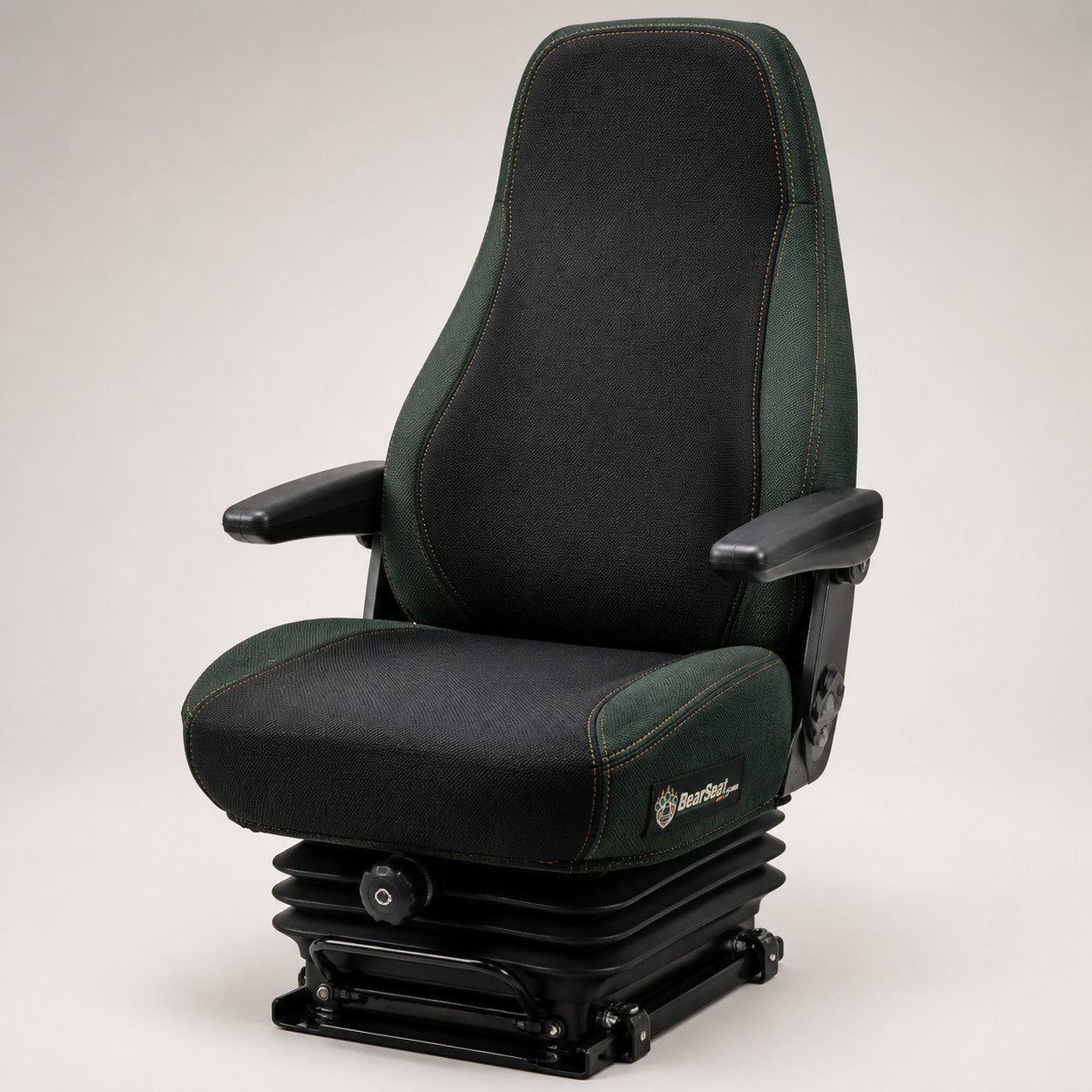 Bear Shield seat cover concept on a representative backhoe seat, studio view (AI-generated depiction)