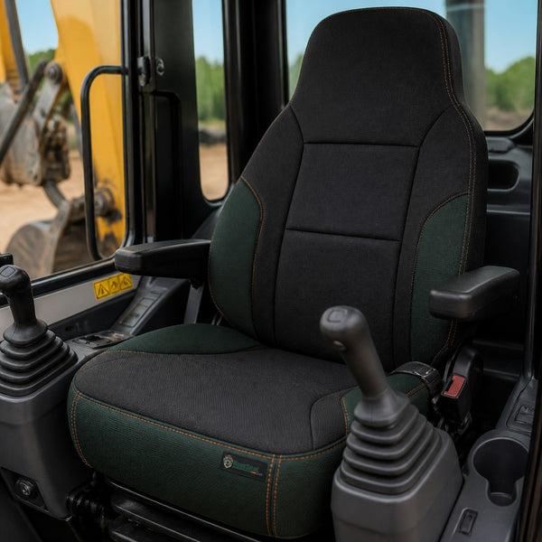 Bear Armor seat cover concept on a representative excavator seat, installed in cab (AI-generated depiction)