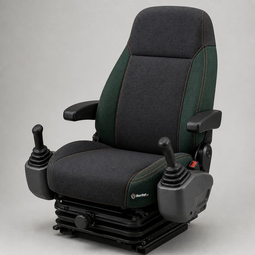 Bear Shield seat cover concept on a representative excavator seat, studio view (AI-generated depiction)