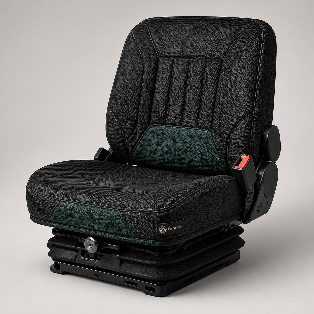 Bear Armor seat cover concept on a representative forklift seat, studio view (AI-generated depiction)