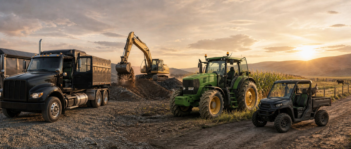 Work truck, excavator, farm tractor, and side-by-side in a late-afternoon landscape (AI-generated depiction)