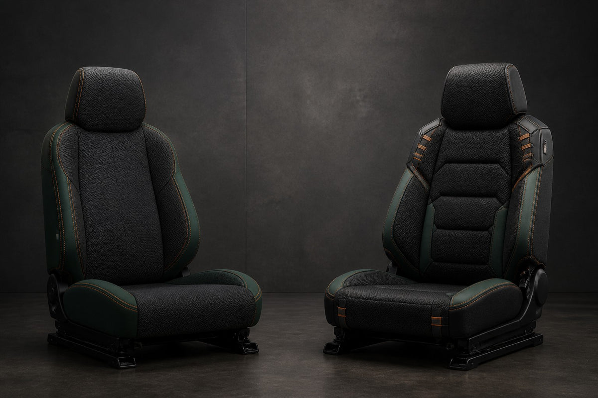 Bear Shield and Bear Armor seat cover concepts side by side in a studio (AI-generated depiction)