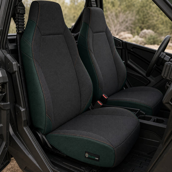 Bear Shield seat cover concept on a representative side by side seat, installed in cab (AI-generated depiction)