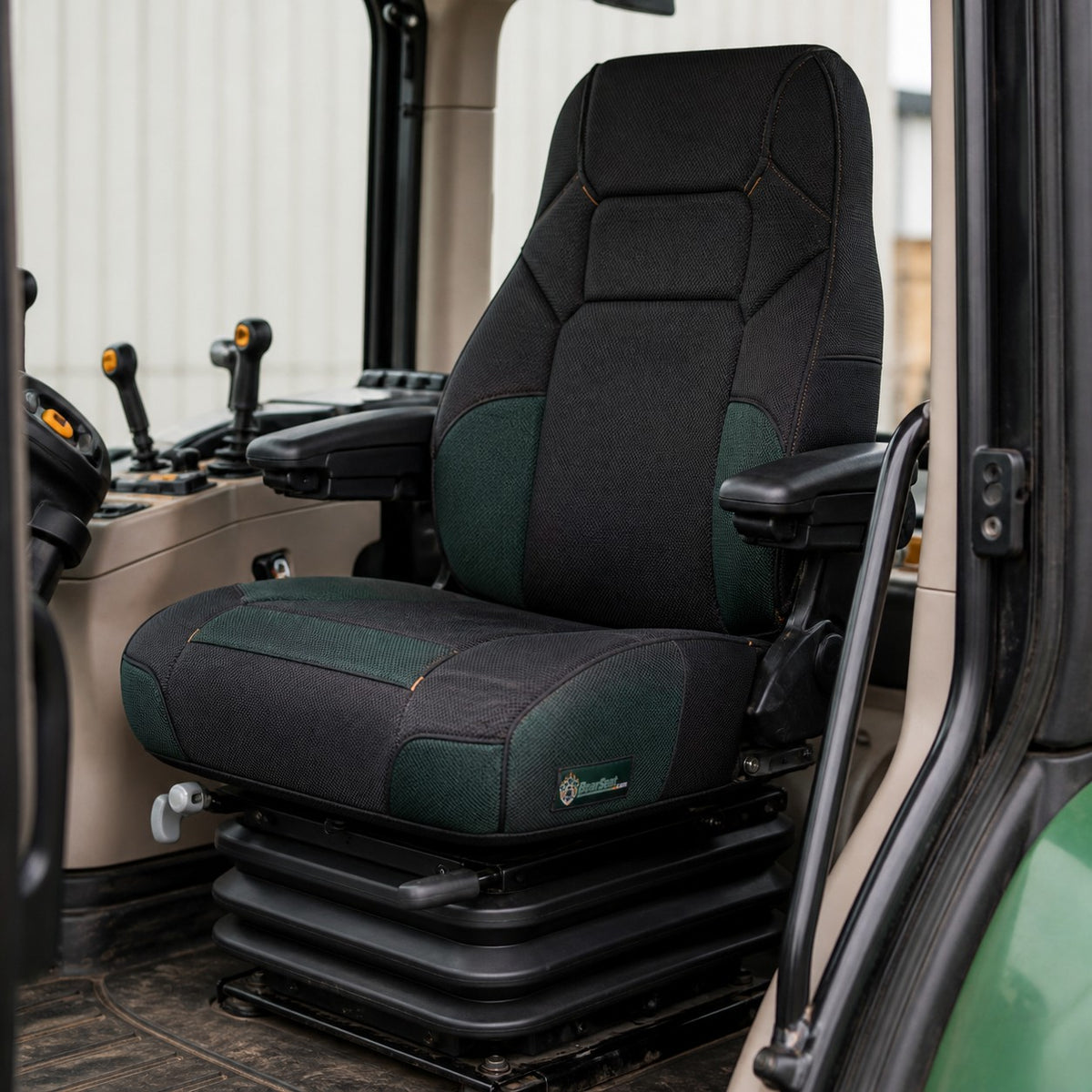 Bear Armor seat cover concept on a representative tractor seat, installed in cab (AI-generated depiction)